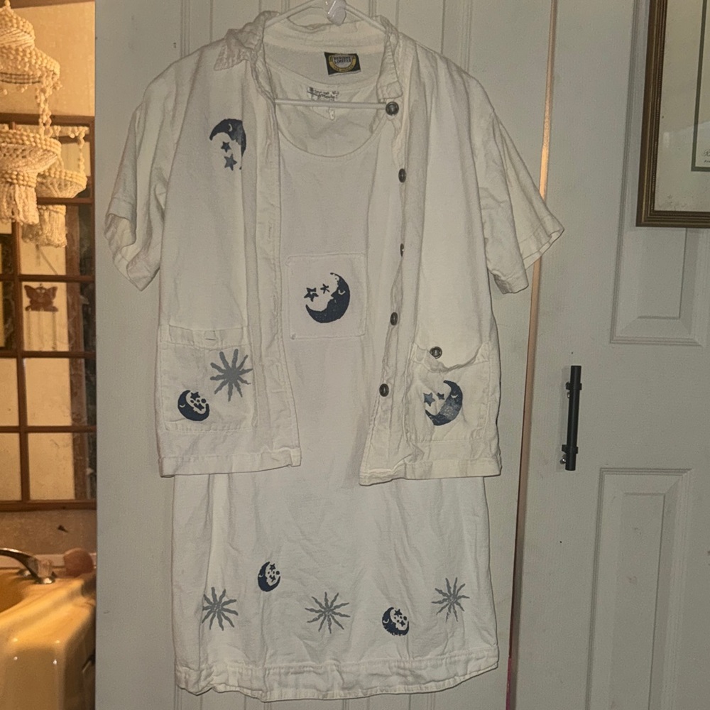 White Midi Dress with Moon and Star Patterns